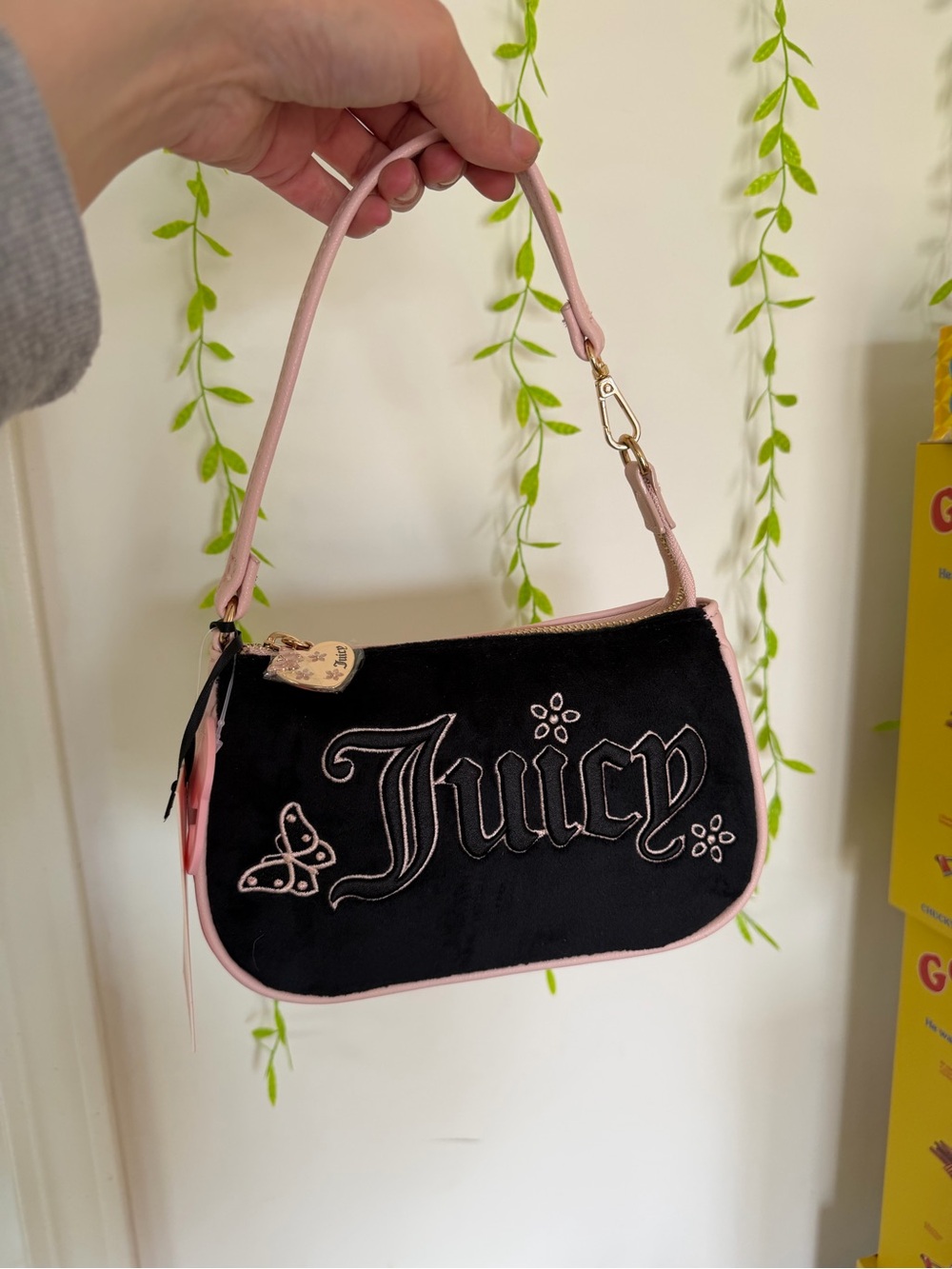Juicy Couture Black Velvet Mini Bag with Pink Trim